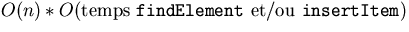 $O(n) * O(\rm temps\ \mbox{\tt findElement}\ \rm et/ou\ \mbox{\tt insertItem})$