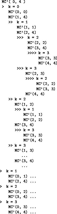 \begin{figure}
{\small
\begin{verbatim}
MC'( 0, 4 )
 \gt k = 0
 MC'(0, 0)
 MC'(1...
 ...C'(3, 4) ...
 \gt k = 3
 MC'(0, 3) ...
 MC'(4, 4) ...\end{verbatim}}\end{figure}